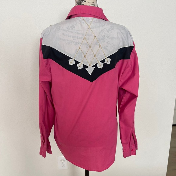 VTG Wrangler Western Pink Black Embellished Long Sleeve‎ button up cowgirl rodeo - Picture 3 of 7